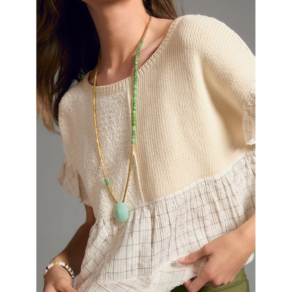 Pilcro Patchwork Boxy Sweater‎ Tee Mixed Fabric SZ Medium Cream Boho Ruffle Knit